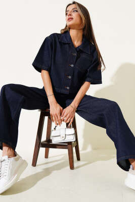 Pazarium - Kısa Kol Ceketli Kot İkili Takım Lacivert