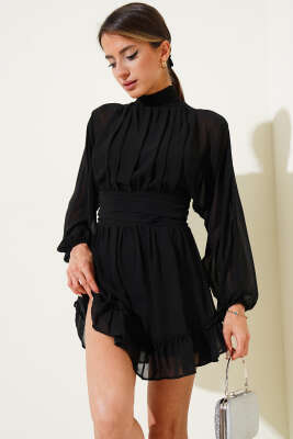 Dik Yaka Şifon Mini Elbise Siyah - Thumbnail