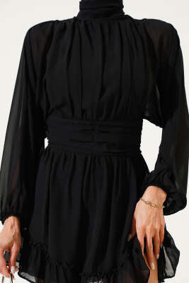 Dik Yaka Şifon Mini Elbise Siyah - Thumbnail