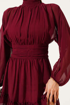 Dik Yaka Şifon Mini Elbise Bordo - Thumbnail