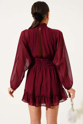 Dik Yaka Şifon Mini Elbise Bordo - Thumbnail