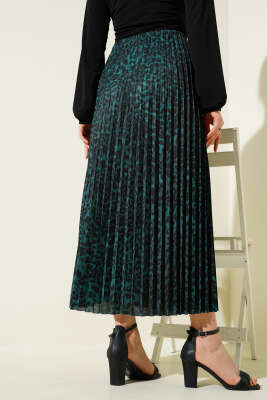 Karışık Desenli Piliseli Etek Zümrüt - Thumbnail