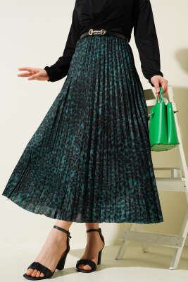 Karışık Desenli Piliseli Etek Zümrüt - Thumbnail