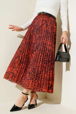 Karışık Desenli Piliseli Etek Oranj - Thumbnail