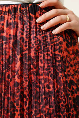 Karışık Desenli Piliseli Etek Oranj - Thumbnail