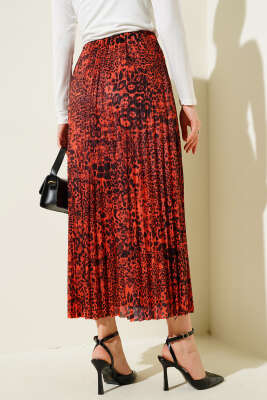 Karışık Desenli Piliseli Etek Oranj - Thumbnail