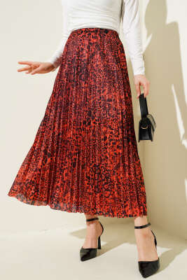 Karışık Desenli Piliseli Etek Oranj - Thumbnail