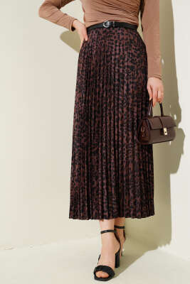 Karışık Desenli Piliseli Etek Kahve - Thumbnail