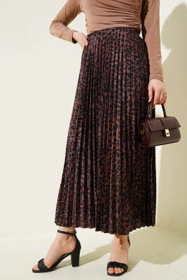 Karışık Desenli Piliseli Etek Kahve - Thumbnail