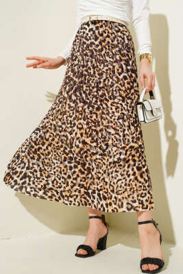 Karışık Desenli Piliseli Etek Hardal - Thumbnail