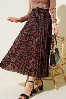 Karışık Desenli Piliseli Etek Acı Kahve - Thumbnail