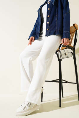 Pazarium - Paça Yırtmaçlı Scuba Pantolon Beyaz