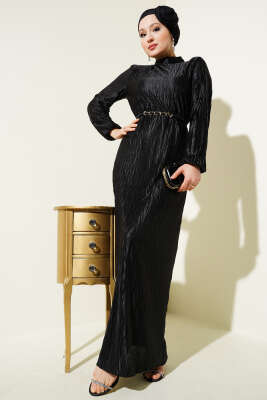 Pazarium - Büzgü Piliseli Kuşaklı Elbise Siyah