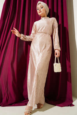 Pazarium - Büzgü Piliseli Kuşaklı Elbise Bej