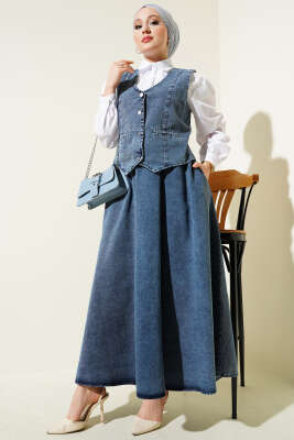 Pazarium - Yelekli Etekli Kot Üçlü Takım Kot Mavisi