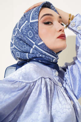 Batik Çini Desen Soft Eşarp Lacivert - Thumbnail