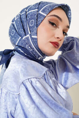 Batik Çini Desen Soft Eşarp Lacivert - Thumbnail