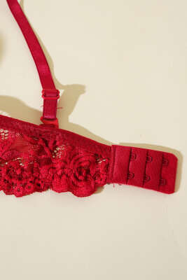 Çiçek Desenli Dantelli Destekli Sütyen Bordo - Thumbnail