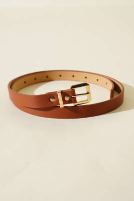 Pazarium - Metal Kare Tokalı İnce Kemer Taba