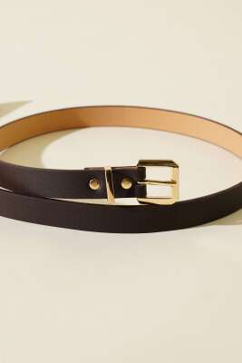 Metal Kare Tokalı İnce Kemer Koyu Kahve - Thumbnail