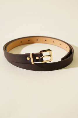 Pazarium - Metal Kare Tokalı İnce Kemer Koyu Kahve