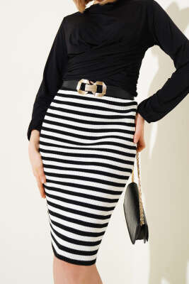 Çizgili Bel Lastikli Triko Midi Etek Siyah - Thumbnail