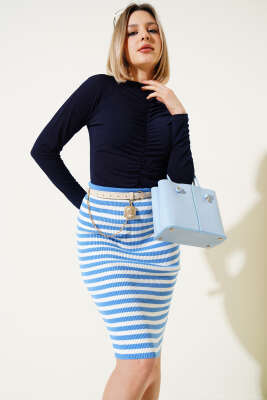 Pazarium - Çizgili Bel Lastikli Triko Midi Etek İndigo