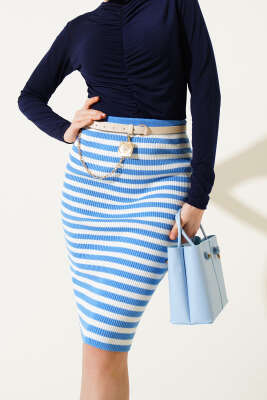 Çizgili Bel Lastikli Triko Midi Etek İndigo - Thumbnail