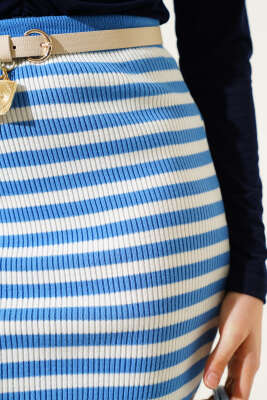Çizgili Bel Lastikli Triko Midi Etek İndigo - Thumbnail