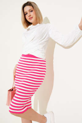 Çizgili Bel Lastikli Triko Midi Etek Fuşya - Thumbnail