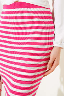 Çizgili Bel Lastikli Triko Midi Etek Fuşya - Thumbnail