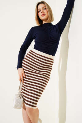 Çizgili Bel Lastikli Triko Midi Etek Bej - Thumbnail