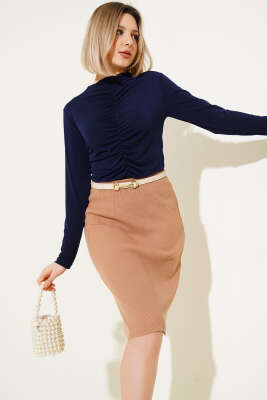 Pazarium - Bel Lastikli Basic Triko Midi Etek Büsküvi