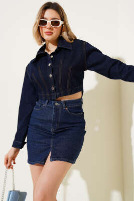 Dikişli Crop Kot Ceket Lacivert - Thumbnail