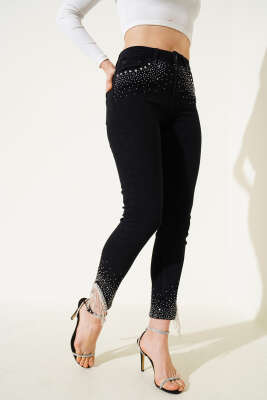 Püskül Taşlı Dar Paça Kot Pantolon Siyah - Thumbnail