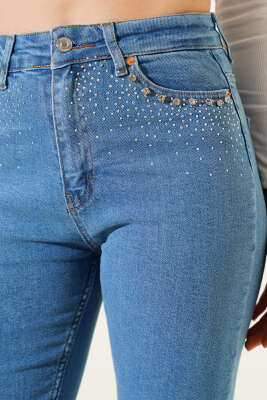 Püskül Taşlı Dar Paça Kot Pantolon Mavi - Thumbnail