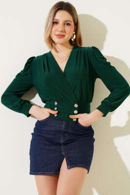 Kruvaze Yaka Düğmeli Bluz Zümrüt - Thumbnail