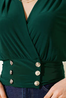 Kruvaze Yaka Düğmeli Bluz Zümrüt - Thumbnail