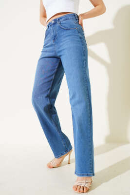 Pazarium - Tokalı Pensli Baggy Kot Pantolon Mavi