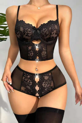 Dantelli Kalp Taşlı Fantezi İç Giyim Siyah - Thumbnail