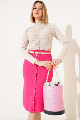 Boydan Düğmeli Fitilli Triko Midi Etek Fuşya - Thumbnail