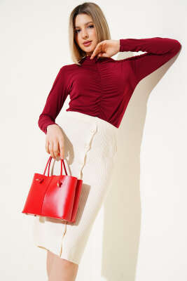 Pazarium - Boydan Düğmeli Fitilli Triko Midi Etek Bej