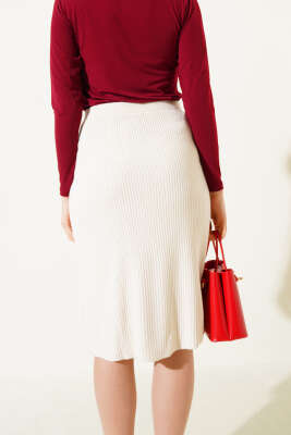 Boydan Düğmeli Fitilli Triko Midi Etek Bej - Thumbnail