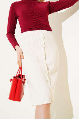 Boydan Düğmeli Fitilli Triko Midi Etek Bej - Thumbnail