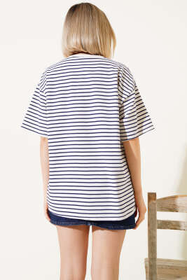 Çizgili Ayıcık Nakışlı T-shirt Lacivert - Thumbnail