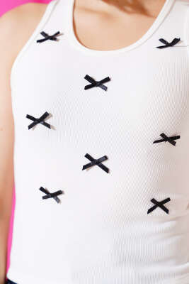 Fiyonklu Kolsuz Kaşkorse Bluz Ekru - Thumbnail