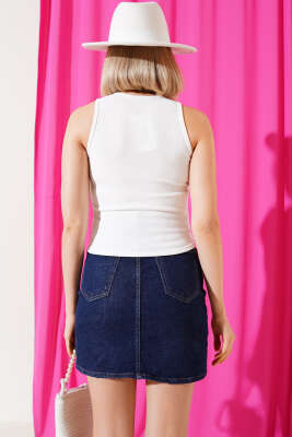 Fiyonklu Kolsuz Kaşkorse Bluz Ekru - Thumbnail