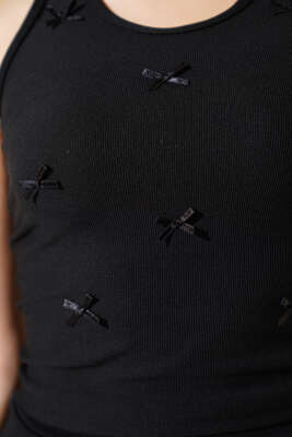 Fiyonklu Kolsuz Kaşkorse Bluz Siyah - Thumbnail