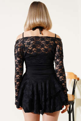 Bolerolu Dantelli Mini Elbise Siyah - Thumbnail