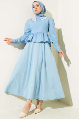 Pazarium - Yaka Dantelli Etekli İkili Takım Kot Mavisi